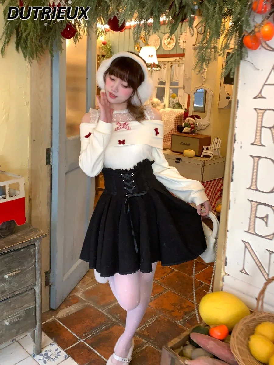 Весенне-осенний новый милый вязаный топ с длинными рукавами и бантом на плечах