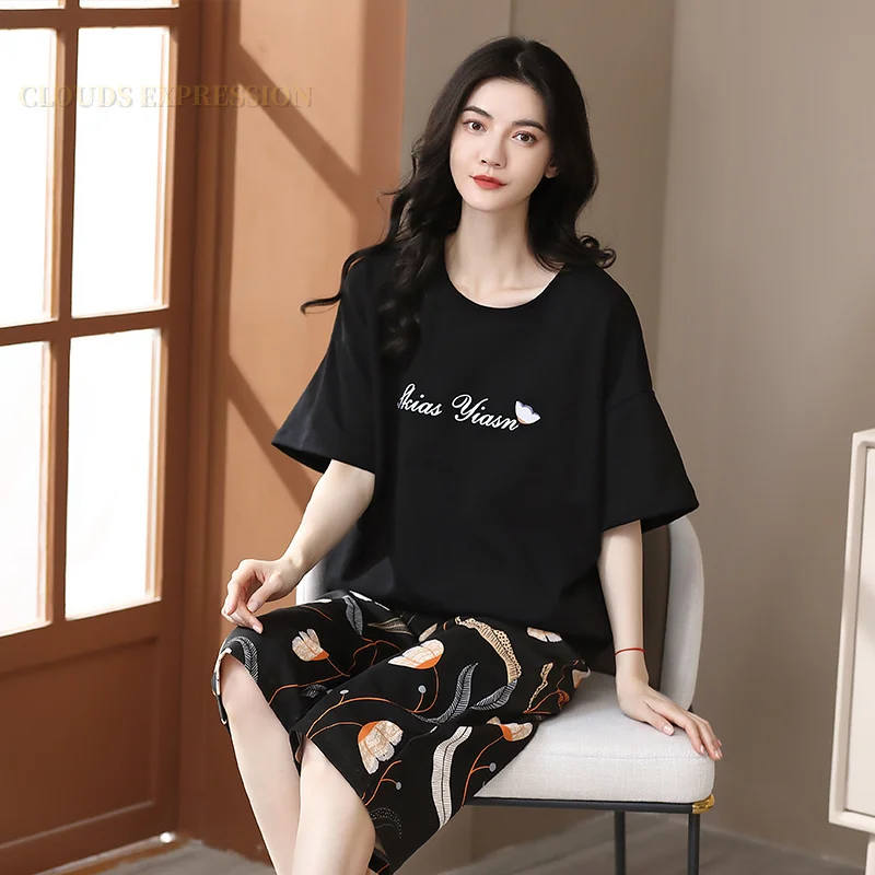 Summer  Elegant Women Floral Pajama Sets Short Sets Capris Knitted Cotton Sexy Black Sleepwear FemalePajamas Lounge Pijama Mujer