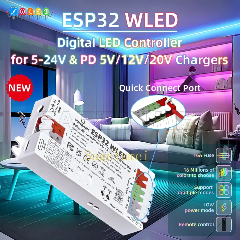 Фото Цифровой светодиодный контроллер DOMRAEM PD 3A с питанием ESP32 WLED, 5 В/12 В/20 В, с портом микрофона/UART и предохранителем 16 А для полосок WS281X SK6812 APA102 №4