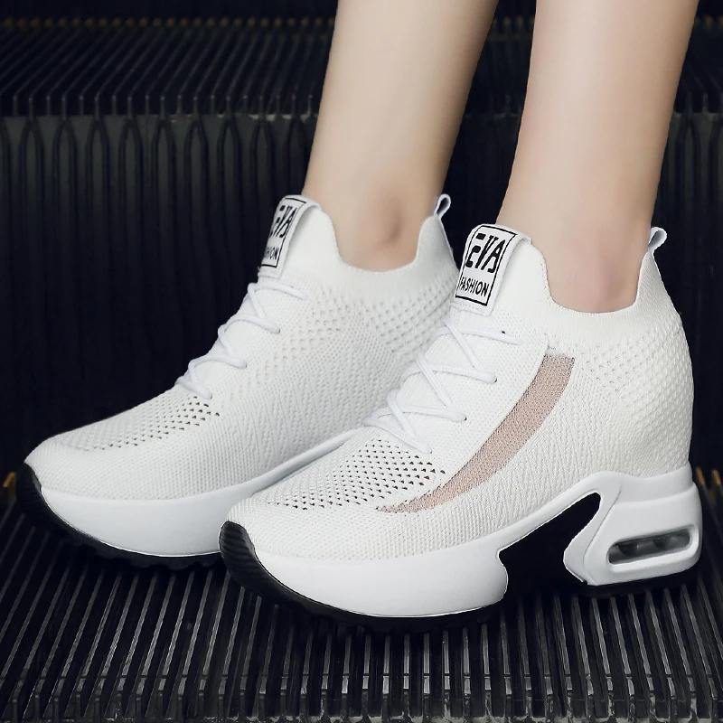 

Women Mesh Breathable Casual Sneakers Women High 8CM Platform Heels Wedges Height Increasing Knitted Ladies Vulcanized Shoes