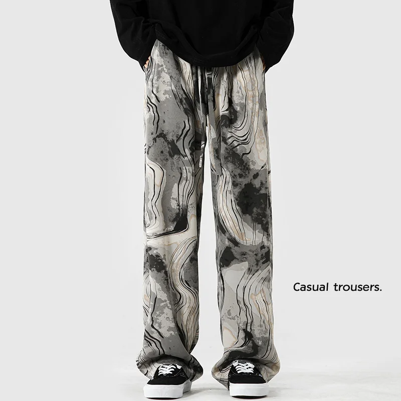 

Wide Leg Pants Men Oversized Vintage Printed Casual Pants Men Streetwear Hip-hop Loose Straight Pants Mens Trousers Plus Size
