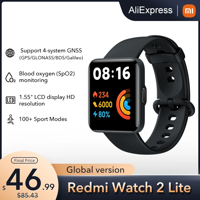 

Смарт-часы Xiaomi Redmi Watch 2 глобальная Версия lite, Bluetooth, Mi Band, 1,55 дюйма, HD, GPS, Смарт-часы с функцией измерения уровня кислорода в крови, спортивный браслет