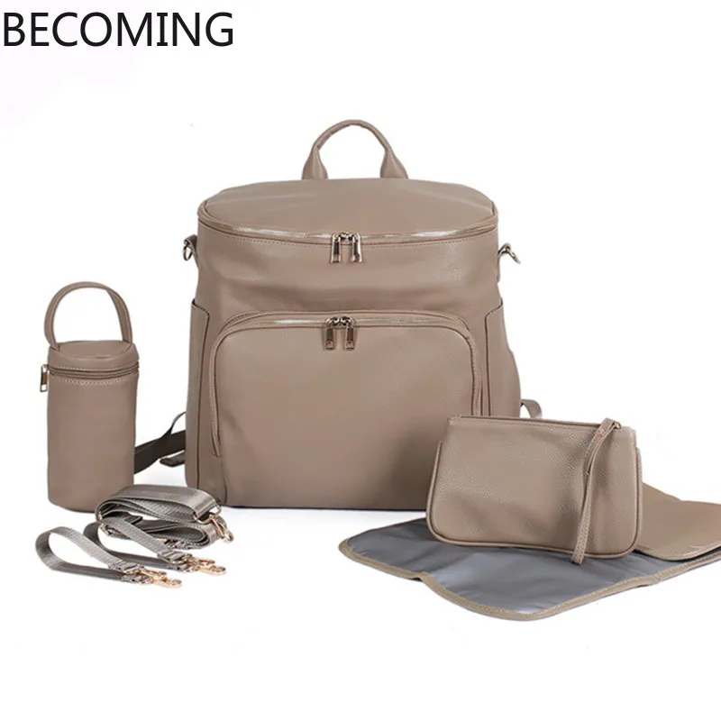 

Baby Diaper Bag Backpack Solid PU Leather Mummy Maternity Bag Large Capacity Travel Back Pack Stroller Bags with Changing Pad