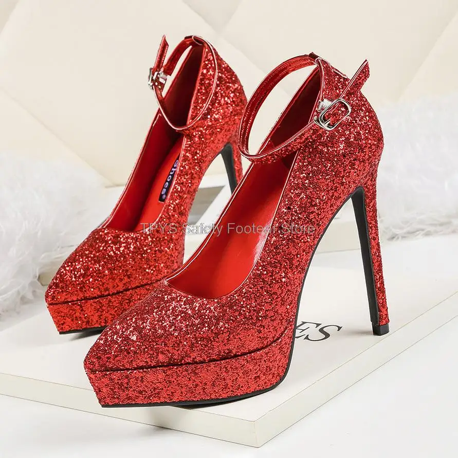 

Sexy Women Platform Pumps Sequined Bling High Heels For Women's Party Shoes 13cm High-heeled Shoes Buckle Stilettos Pointed Toe