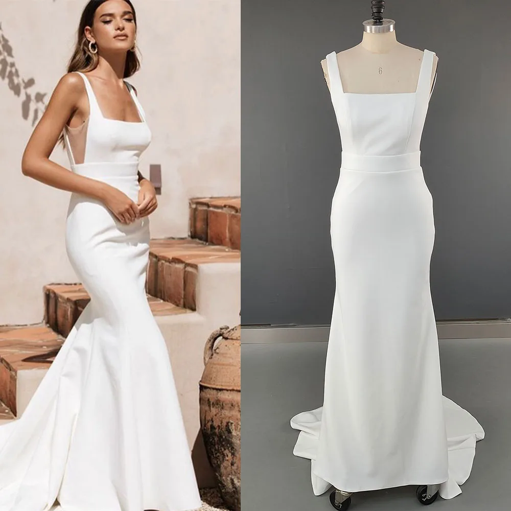 

Simple Sheath Satin Square Neck Bridal Gowns Backless Custom Made Buttons Mermaid Fitted Soft Stretchy Crepe Wedding Party Dress