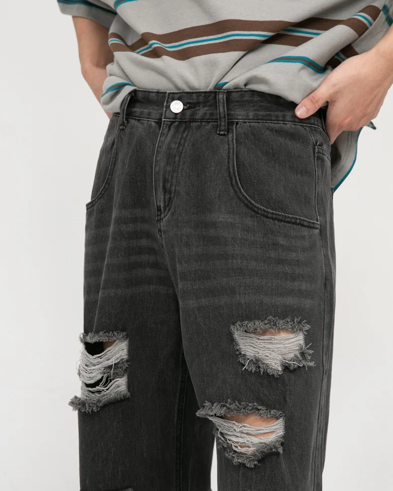 Джинсы мужские прямые свободные повседневные потертые широкие брюки из денима