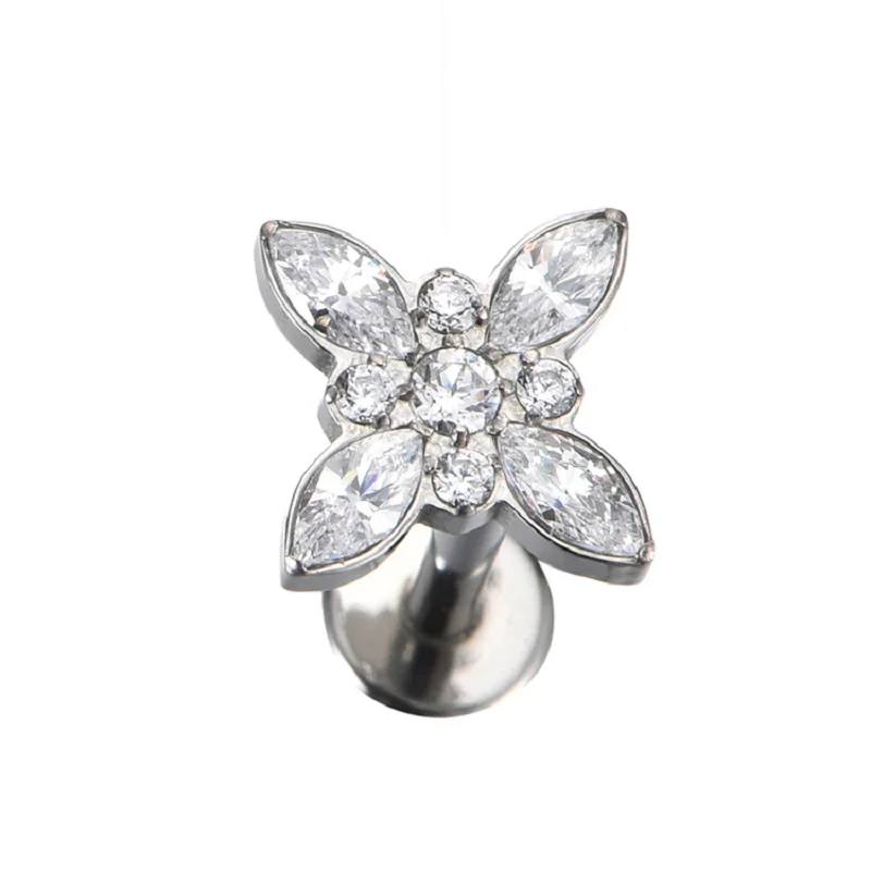 ASTM F136 титановое бриллиантовое кольцо для губ в форме четырехлистного клевера с цирконом титановое пирсинг