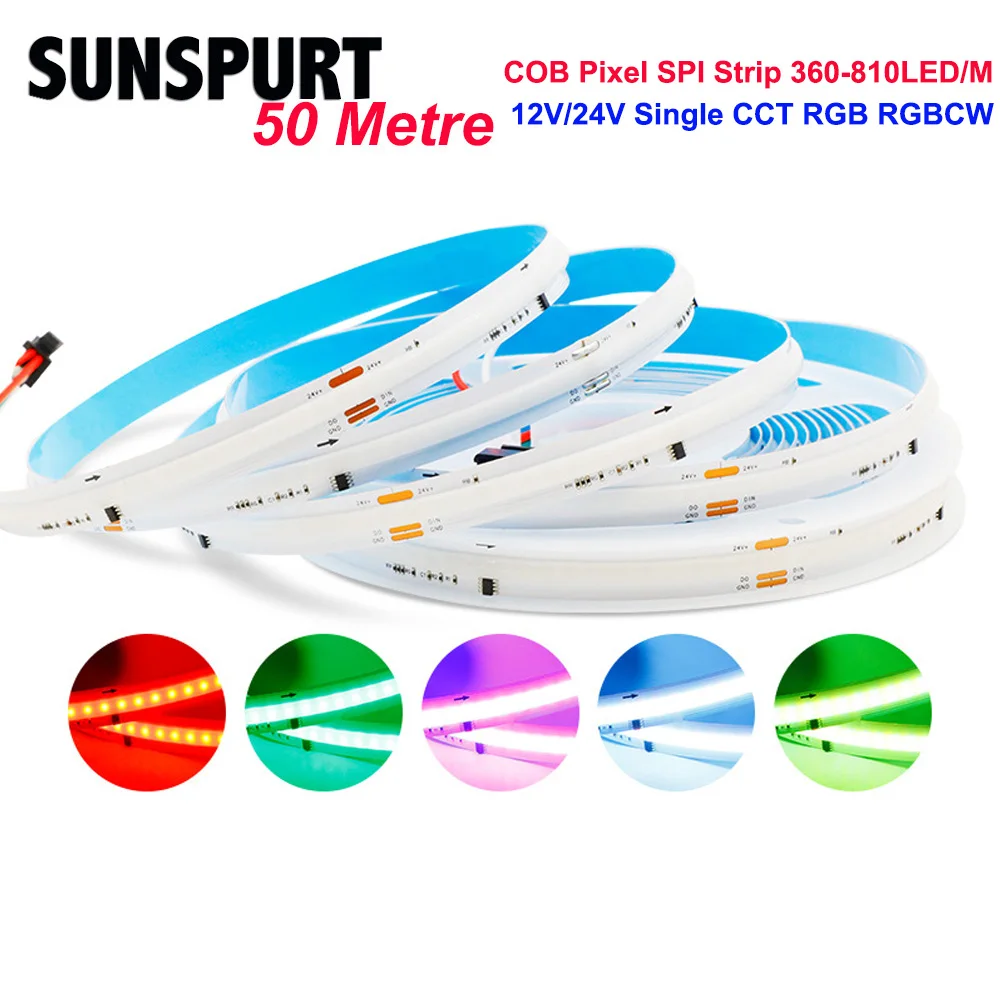Фото Светодиодная лента COB WS2811 с адресной подсветкой SPI RGB, длиной 5-50 м, Dream RGBW RGBCCT, WS2814 2805, высокая гибкость, FOB-подсветка, RA90, 12В/24В №1