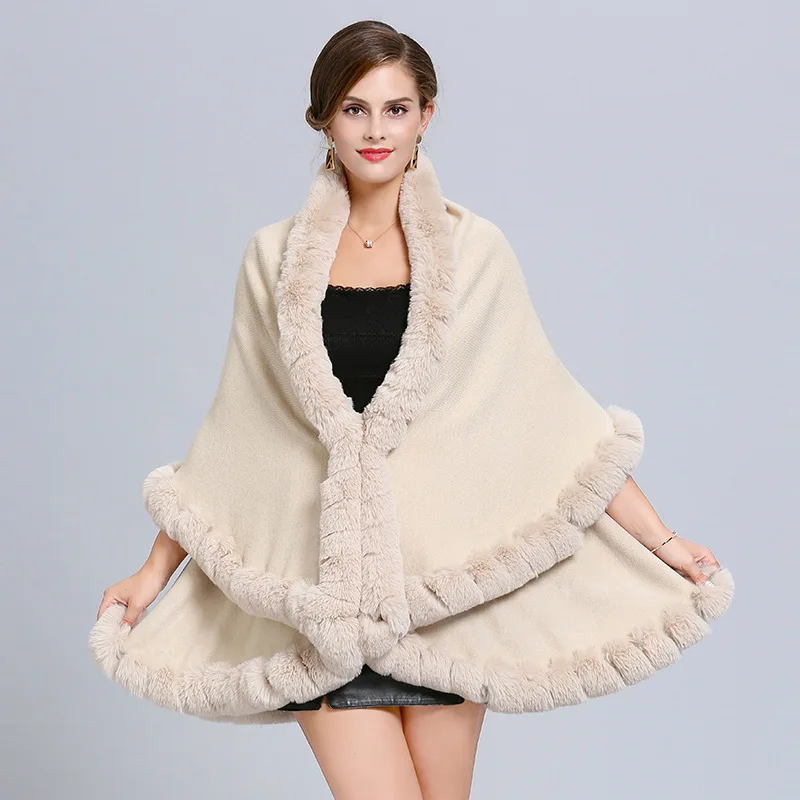 Women's faux fox fur collar, double-knit cardigan shawl cape