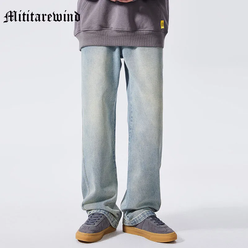 

Retro Distressed Wash Straight Hip Hop Men Pants Loose Wide Leg All Match Male Jeans High Street Y2k Solid Casual Trousers