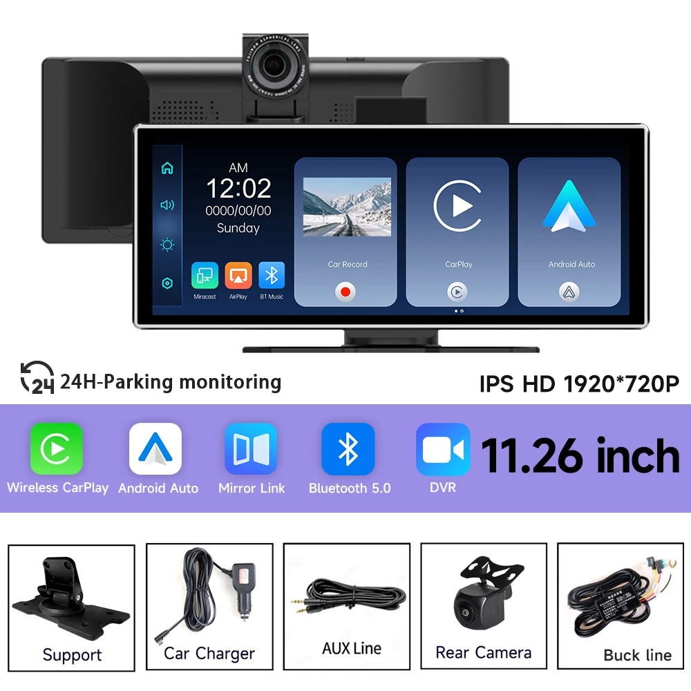 

11,26-дюймовый 4K видеорегистратор, автомобильный радиоприемник, мультимедийная навигация, универсальный беспроводной CarPlay Apple Android, зеркальный музыкальный плеер, автомобильный экран