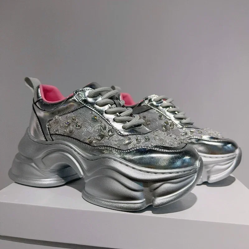 Серебряные туфли для папы женщин весна/лето натуральная кожа кружевная сетка с