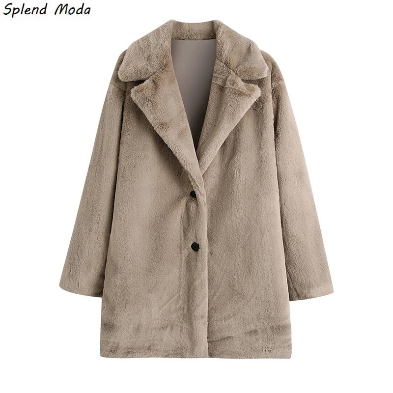 

Splend Moda Winter New Fashion Vintage Turn Down Collar Solid Color Single-Breasted Loose Imitation Fur Warm Coat Jacket Women
