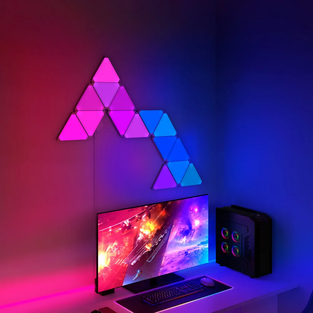 Фото Banqcn треугольные светодиодные игровые настенные светильники RGB для спальни, световые панели для умного дома, работает с приложением Alexa Google Assistant/голосом №1