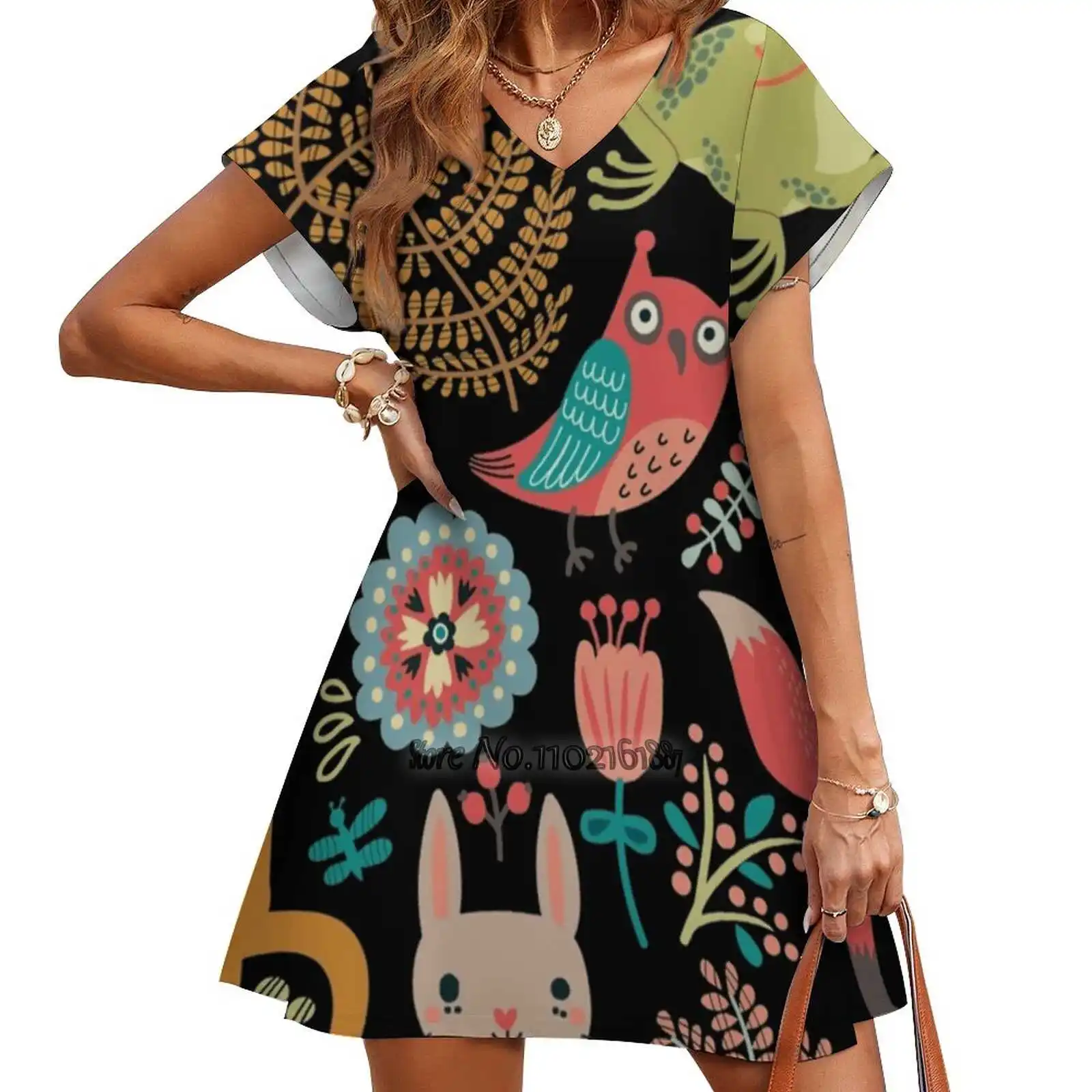 

Свободная юбка с V-образным вырезом и рисунком животных в лесу, пикантная юбка с коротким рукавом, свободное платье-трапеция, легкое и дышаще...