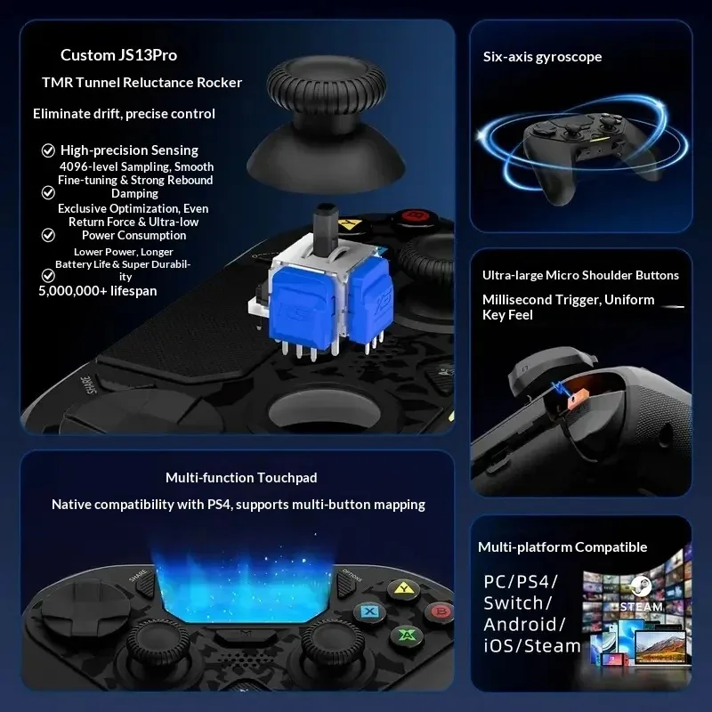 Фото Беспроводной контроллер AceGamer D4 для Steam, симметричный Bluetooth 2.4G, настраиваемый джойстик JS13Pro для PS4/ПК/Steam/Switch2, подарки для геймеров FPS №3