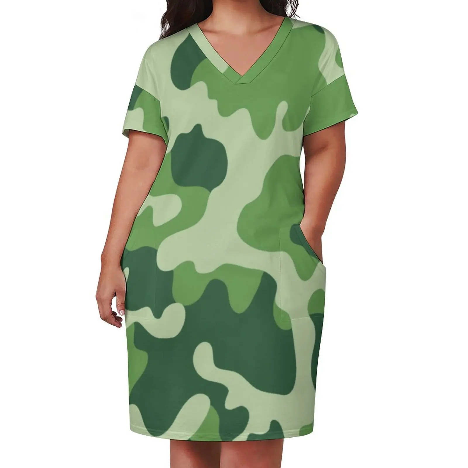 Green Camouflage Dress Plus Size Camo Military Print Street Fashion Casual Dress Lady Summer Short Sleeve Cute Dresses Gift Idea