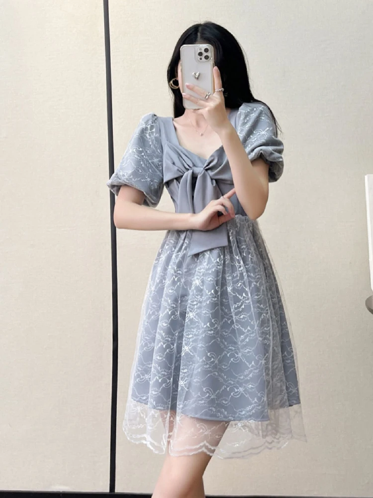 

Sweet Elegant Bow Lace Mesh Preppy Style Women Dresses New Summer Square Collar Student'S Puff Sleeve Kawaii Ladies Dress Female