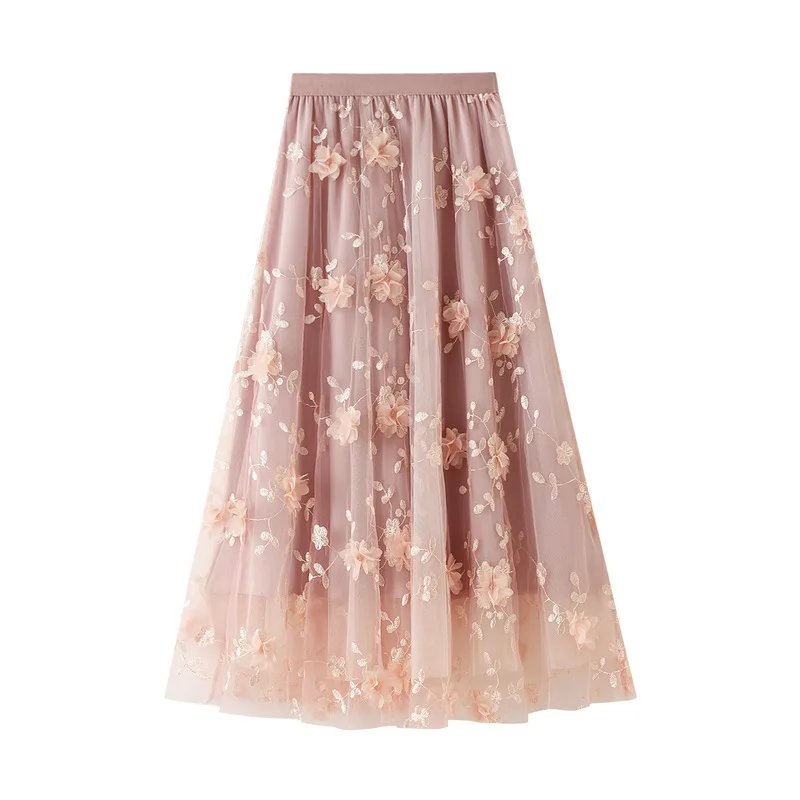 

2023 winter gauze embroidery heavy industry skirt large size gauze skirt new A-word literary high-waisted long skirt