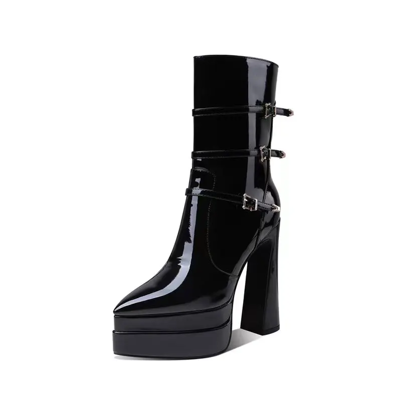 

Women's autumn patent leather pointed double-layer waterproof platform super high thick heel patent leather zipper short boots