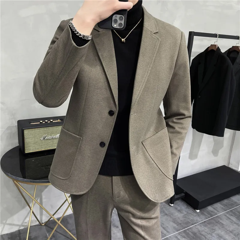 

2023Fine high-end tweed (suit + trousers) British dress casual fashion Slim Korean handsome four seasons men two-piece suit