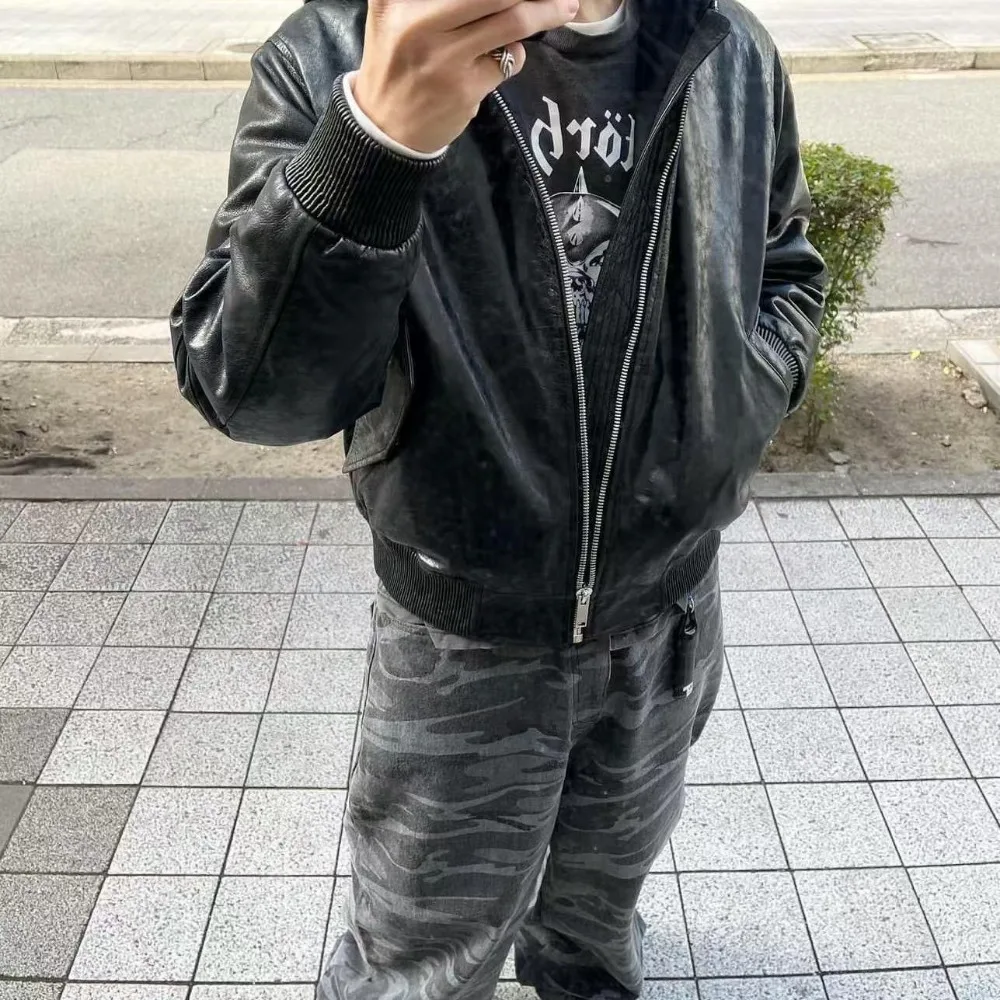 NIGO Мужская винтажная кожаная куртка-бомбер из потрескавшейся овчины с капюшоном