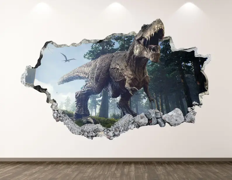 

Dinosaur Wall Decal - T-Rex 3D Smashed Wall Art Sticker Kids Room Decor Vinyl Home Poster Custom Gift KD176