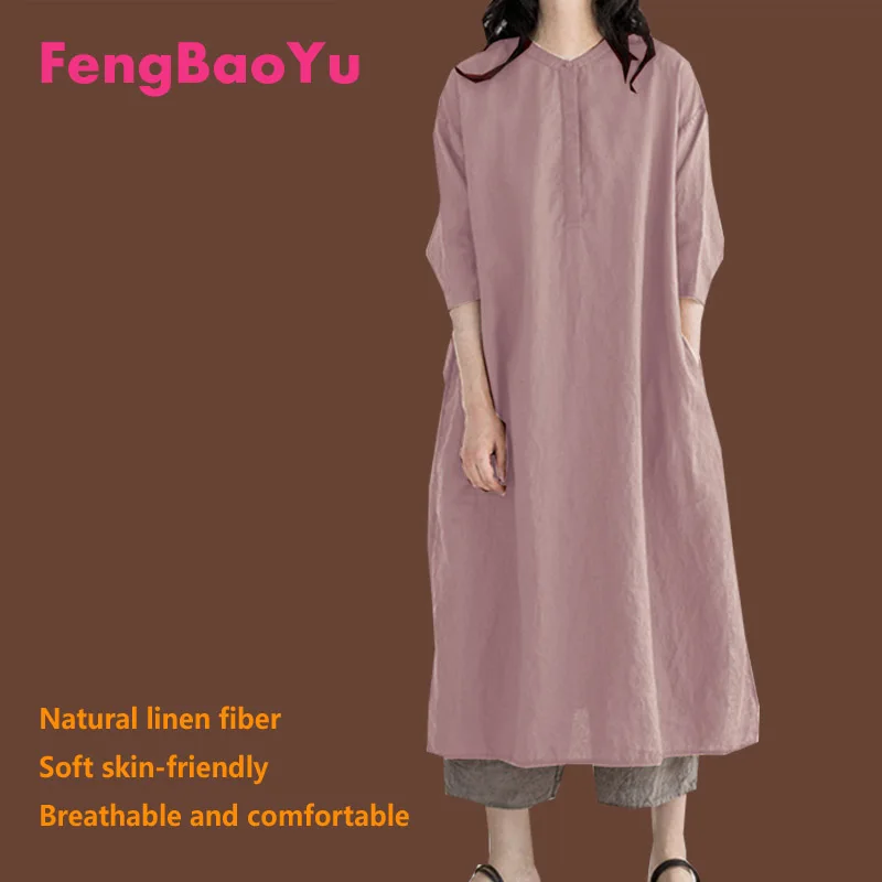 Fengbaoyu Linen Spring Summer Ladies Medium-sleeved Shirt Dress Loose Cotton Linen Skirt Leisure Comfortable and Elegant 4XL 5XL