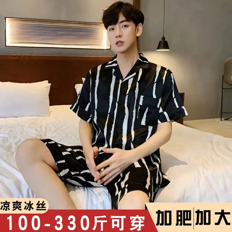 1 Large size pajamas summer ice silk short-sleeved shorts thin men's fattening summer imitation silk cardigan home clothes