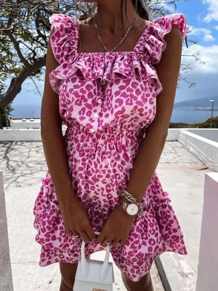 

Summer Casual Square Neck Boho Mini Dress Elegant Floral Print Ruffle Party Dress Lady Sexy Sleeveless Backless Waist Slim Dress