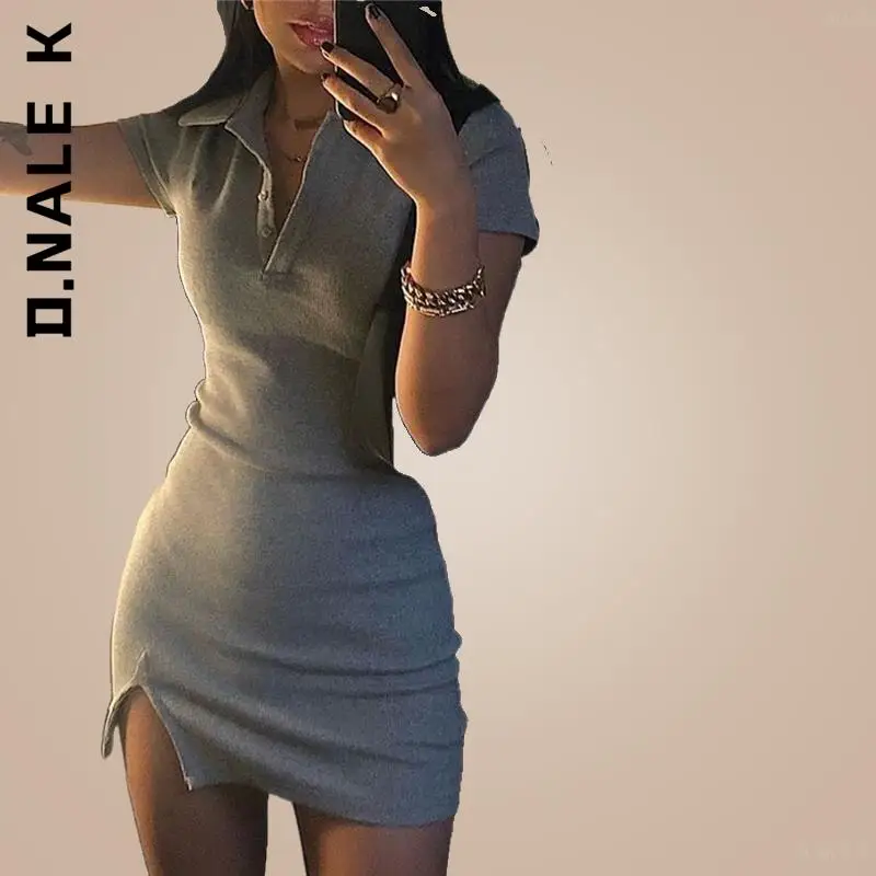 

D.Nale K 2022 Short Sleeve Slit Sexy Mini Dress Summer Women Fashion Streetwear Outfits Cute Solid Y2K Party Clothing