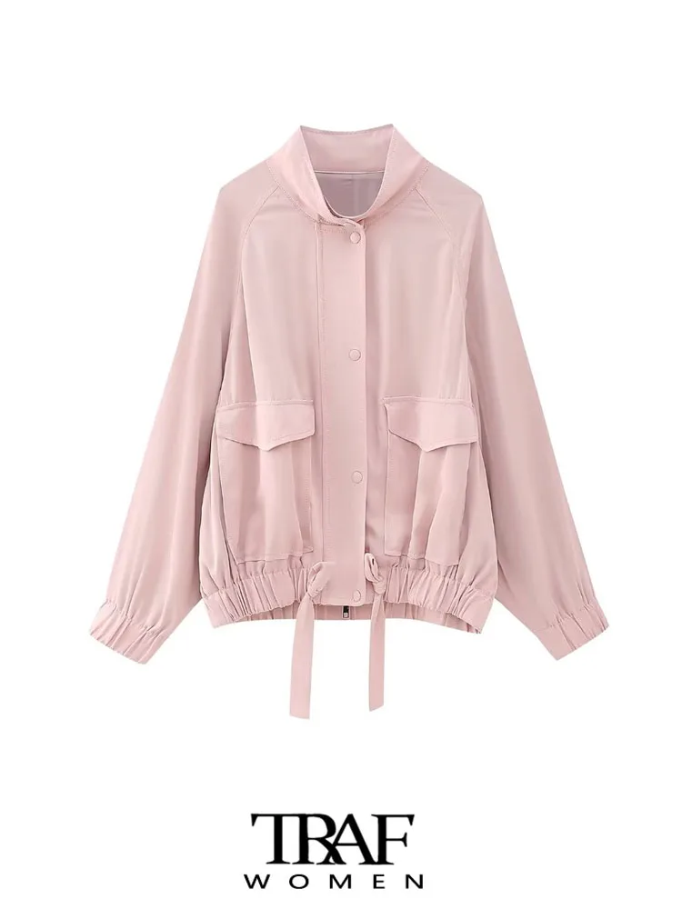 

TRAF Women Fashion With Pockets Loose Bomber Jacket Coat Vintage Long Sleeve Front Zipper Female Outerwear Chic Tops