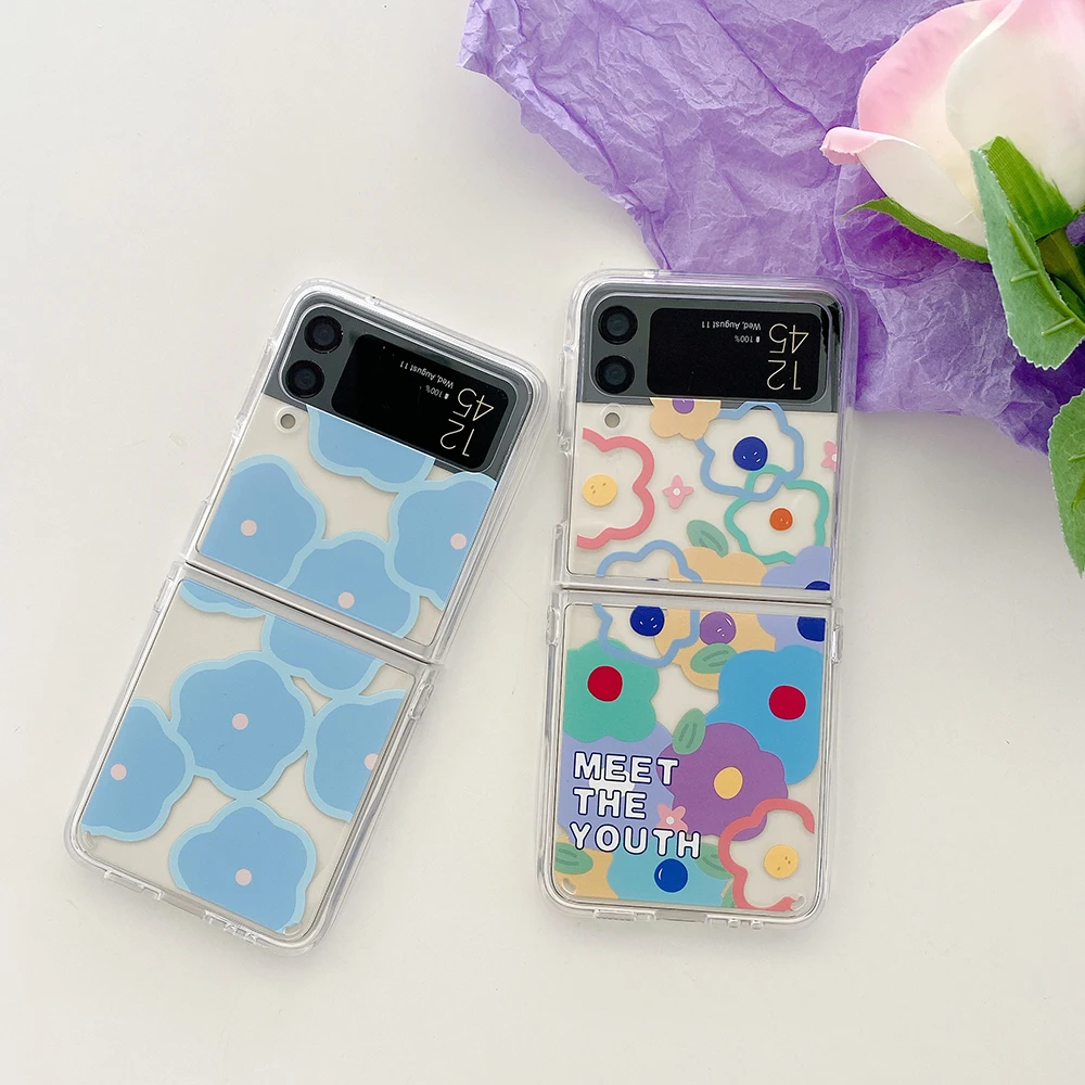 

Light Blue Retro Flower Transparent Phone Case for Samsung Galaxy Z Flip3 5G Hard PC Back Cover for ZFlip3 Case Protective Shell