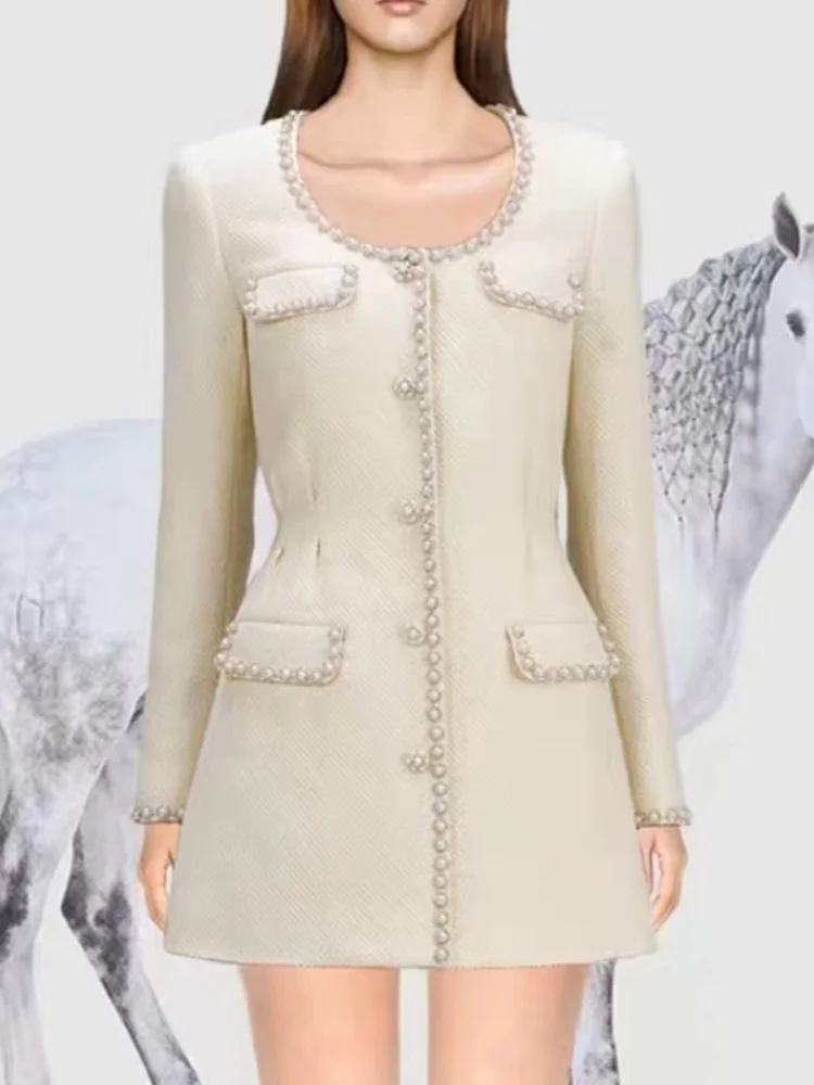 Подиумный дизайн женское твидовое шерстяное платье с круглым вырезом и длинным