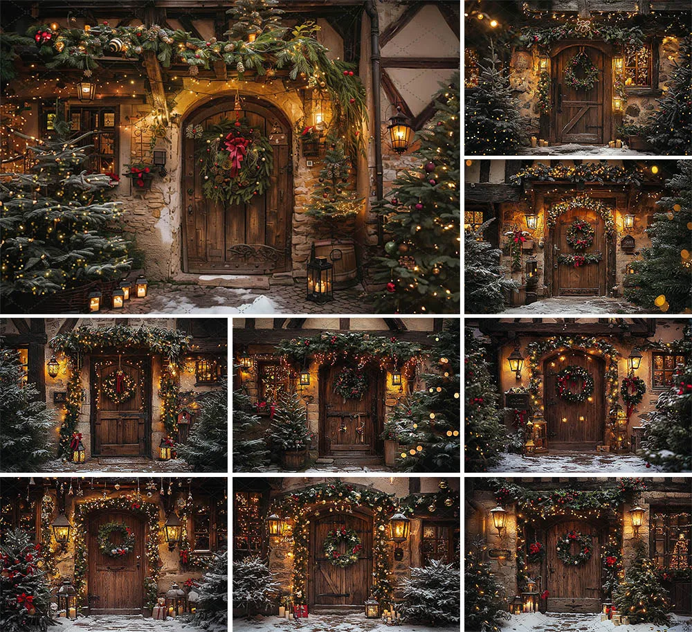 Mehofond Photography Backdrop Rustic Front Door Family Holiday Party Christmas Village Trees Snowy Twinkling Decor Background