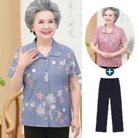 middle aged elderly grandma clothes mother short sleeved lapel shirts pant suit print two piece sets womens outifits xl 4xl