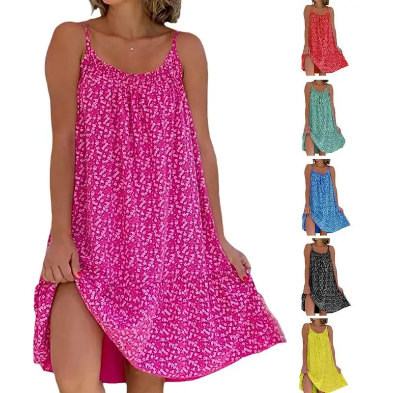 

Платье-комбинация с цветочным принтом, летнее пляжное платье с цветочным принтом, без рукавов, летние пляжные свободные платья на бретельках для отпуска