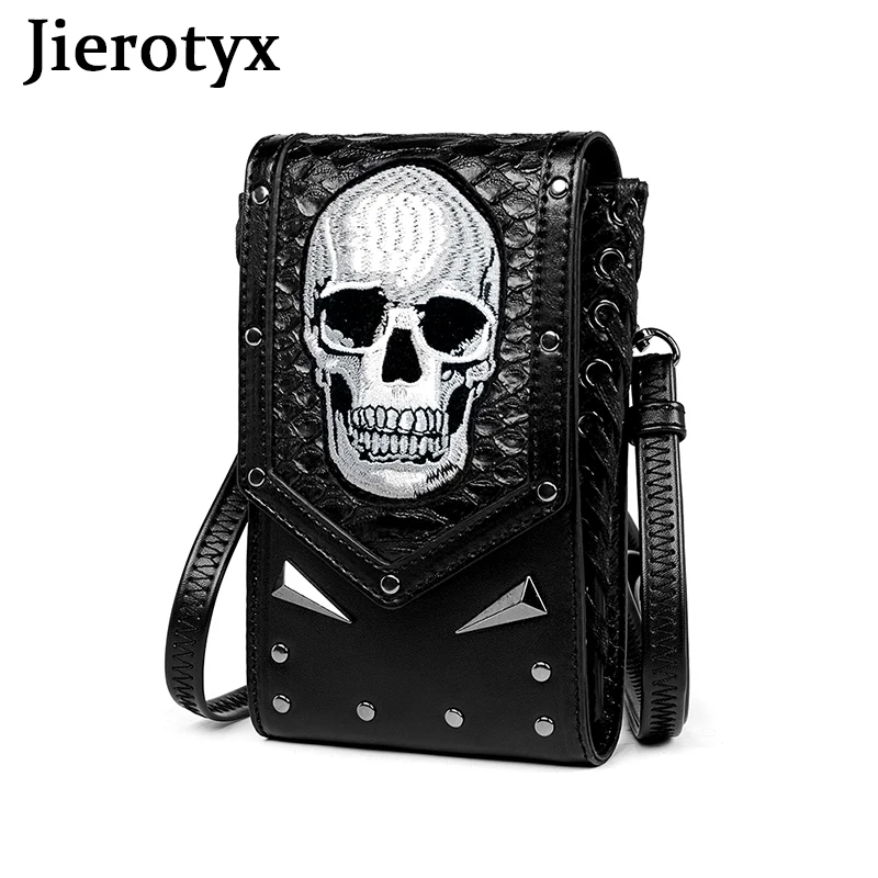 Кошелек JIEROTYX кросс-боди для сотового телефона, маленькая многофункциональная сумка для телефона, кожаный кошелек в готическом стиле с черепом, сумка на плечо для женщин