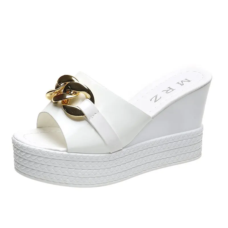 

Wedge Heel Platform Women's Sandals for Outer Wear; Summer New Metal Chain Fish Mouth Sexy High Heels Fashion Women's Slippers