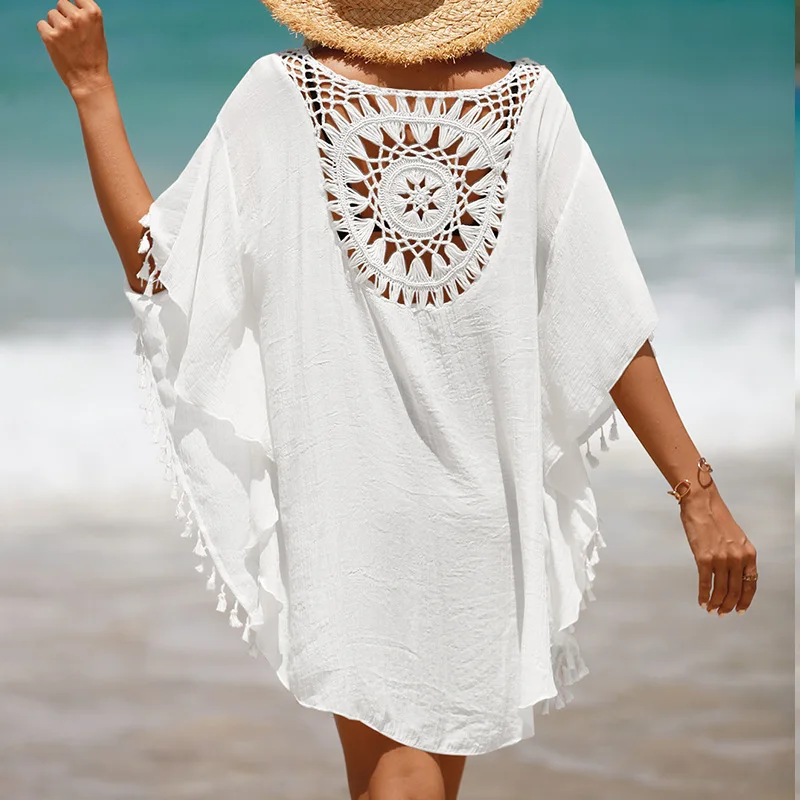 

New Beach Cover Up for Women Knitted Sunflower Beach Wear Solid Fringe Tunic Ladies White Bathing Suit Cover-ups Bikini Ups