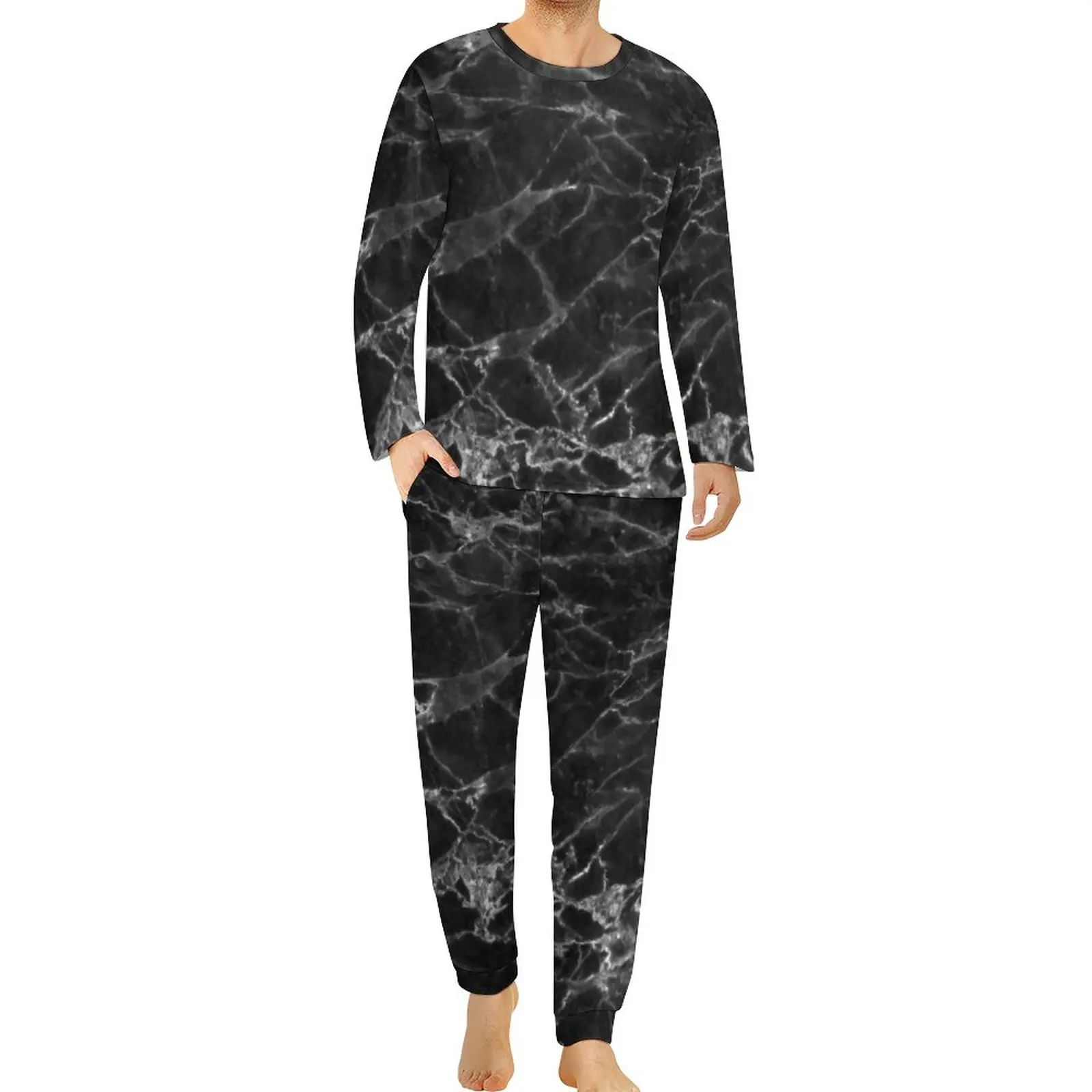 

Black Marble Design Pajamas Autumn Natural Marbles Trendy Bedroom Sleepwear Men 2 Pieces Long Sleeve Lovely Oversize Pajama Sets