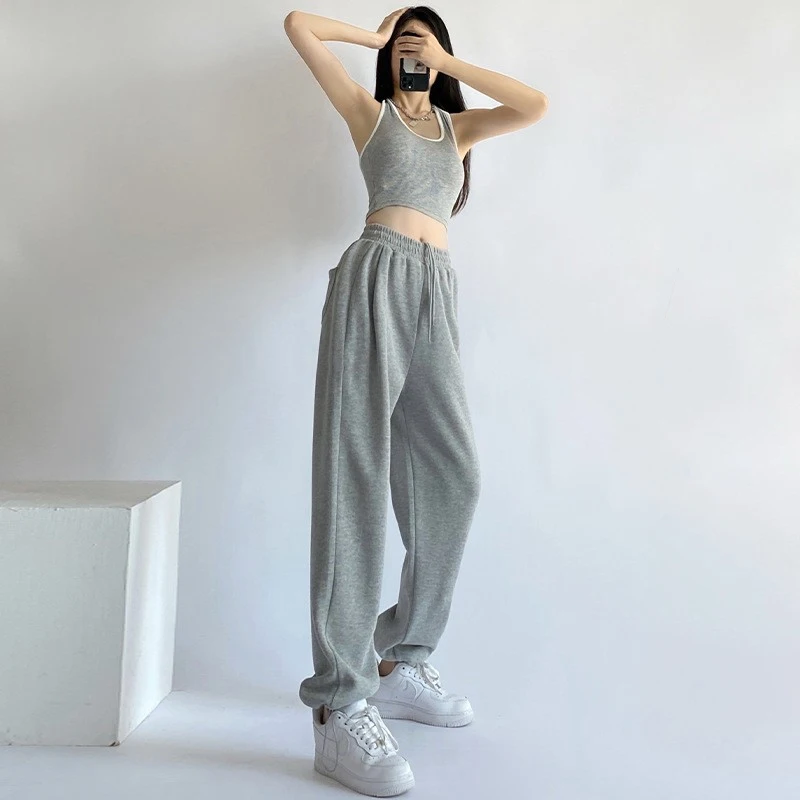 

Spring Summer New High Waist Solid Sports Trousers Comfortable Lacing Loose Wide Leg Pants Casual Fashion Youth Women Clothing