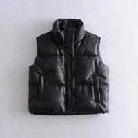 womens puffy vest down vest black leather vest woman jacket coat autumn winter outwear puffer vest female sleeveless jacket