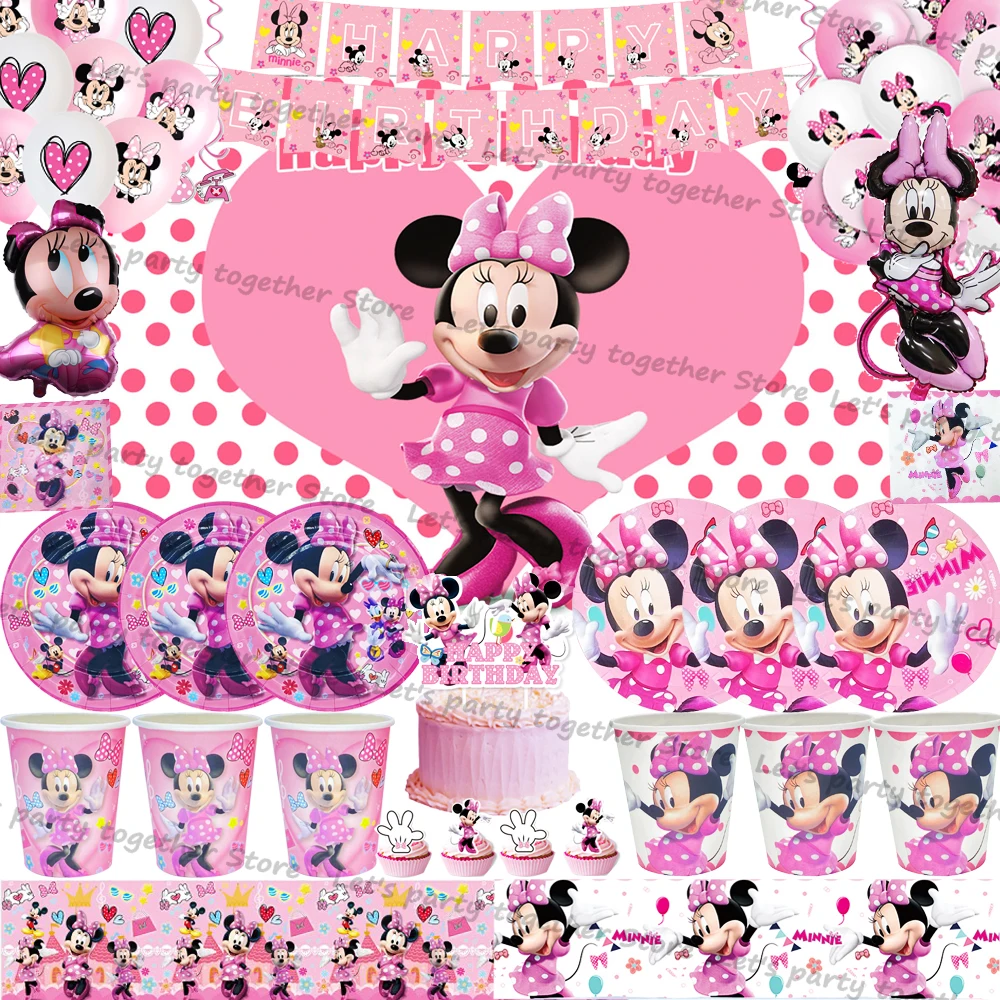 

Anime Minnie Mouse Girls Party Tableware Supplies Children's Birthday Decoration Paper Plate Cup Napkin Ballon Baby Shower Gifts
