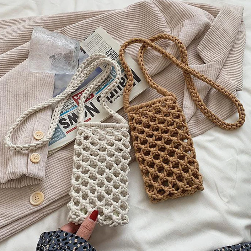 

2022 New Cotton Woven Mobile Phone Bag Women's Portable Single Shoulder Bags Handmade Cotton Rope Bag Small Fresh Hollow Bags