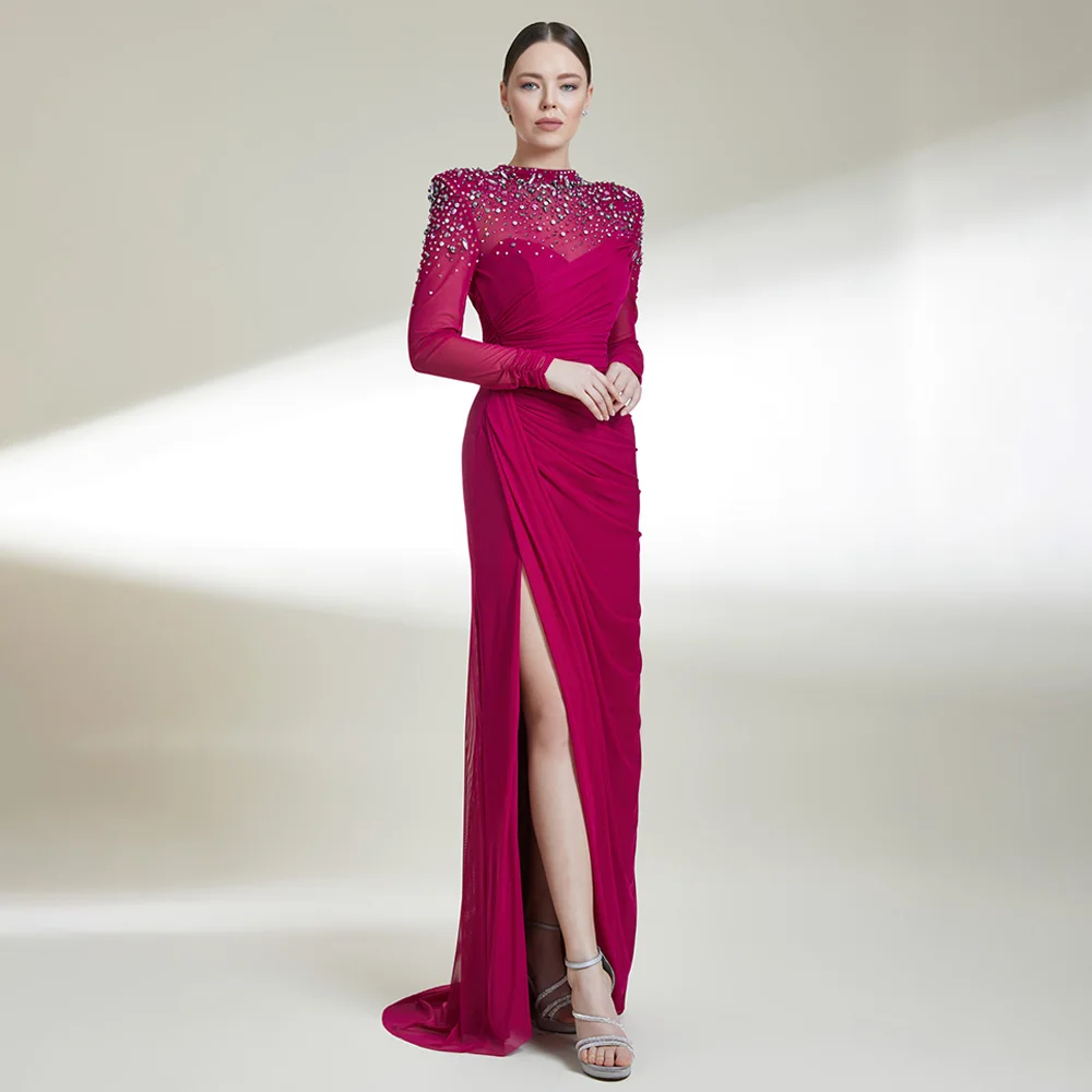 Женское вечернее платье с юбкой годе элегантное цвета фуксии длинными рукавами и