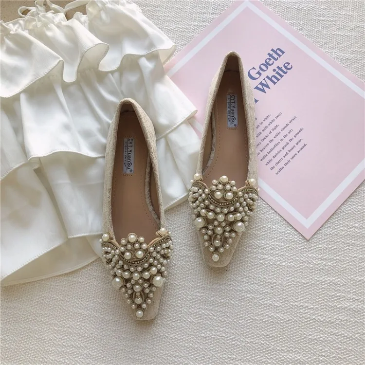 

Женские туфли с квадратным носком, повседневная обувь с украшением из жемчуга, с кристаллами, с закрытым носком, стразы с бусинами, платье, л...