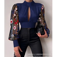 blouse tops for womens lantern sleeve lace up backless turtleneck pullover blouse women summer sexy printed slim openwork shirt