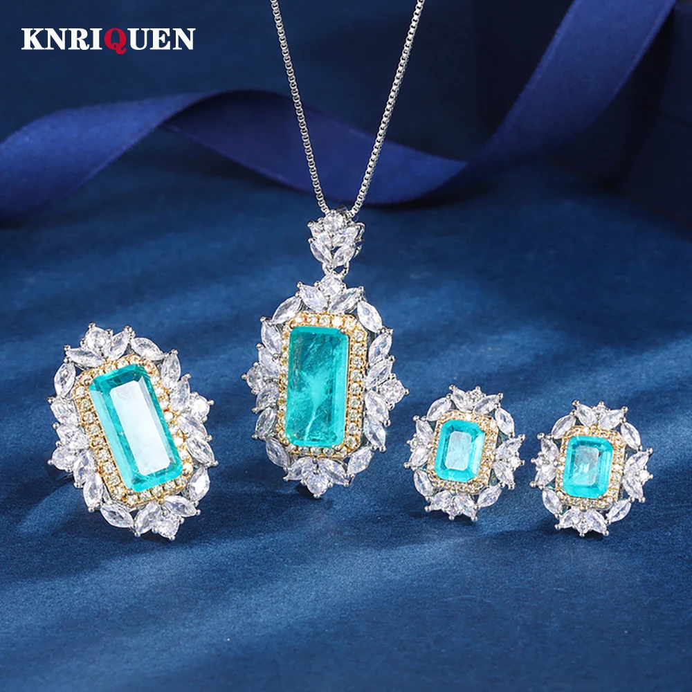 

Vintage 8*16mm Paraiba Tourmaline Necklace Pendant Rings Earrings Women's Luxury Wedding Party Fine Jewelry Set Anniversary Gift