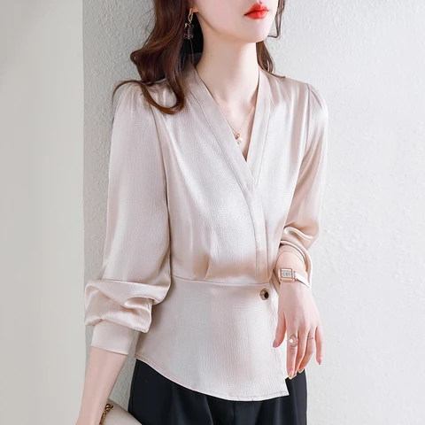 Женская винтажная шифоновая блузка с длинными рукавами-фонариками и V-образным вырезом